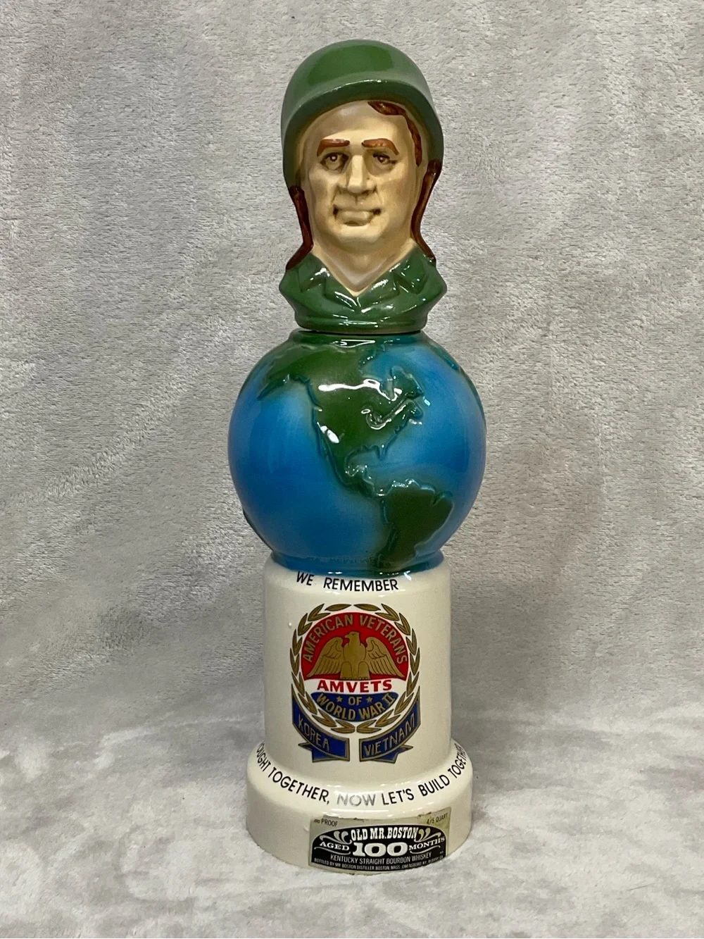 1975 Vtg Old Mr. Boston AMVETS Figural Liquor Decanter With Soldier Head